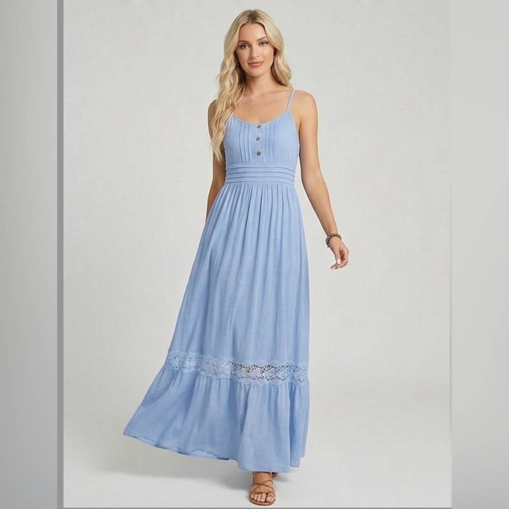 LAST ONE 🔥 Boho Shirred Ruffle Lace Hem Maxi Dress Blue - Picture 3 of 8